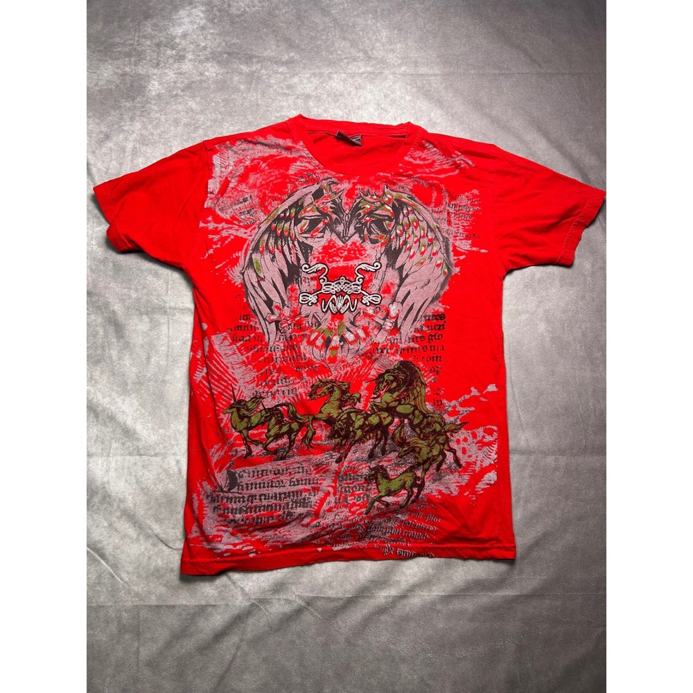 Enzo Ross Mens Red Graphic T-Shirt Gothic Winged Horse Calligraphy Print S